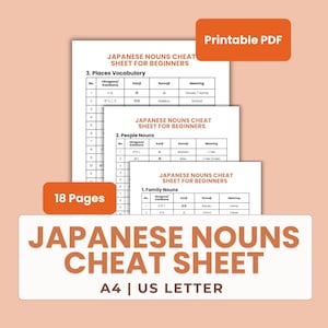 Hoja de referencia de sustantivos japoneses para principiantes Guía de estudio de vocabulario imprimible en PDF Recurso de práctica de aprendizaje de idiomas JLPT N5/N4 / A4 y carta estadounidense
