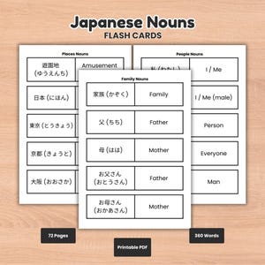 Japanese Nouns Flash Cards JLPT N5 N4 Vocabulary Template Study Practice Cheat Sheets Nihongo Kanji Hiragana English Printable PDF Digital
