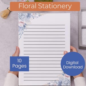 Plantilla de diario con notas de papelería con borde floral, papel para escribir, diseños con y sin líneas, descarga digital, PDF imprimible, tamaño A4, carta estadounidense
