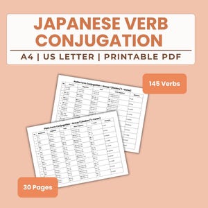 Coniugazione dei verbi giapponesi / Apprendimento della lingua per principianti JLPT N5 N4 / Guida allo studio Kanji Hiragana PDF stampabile Tabella Fogli di ripasso A4 Lettera USA