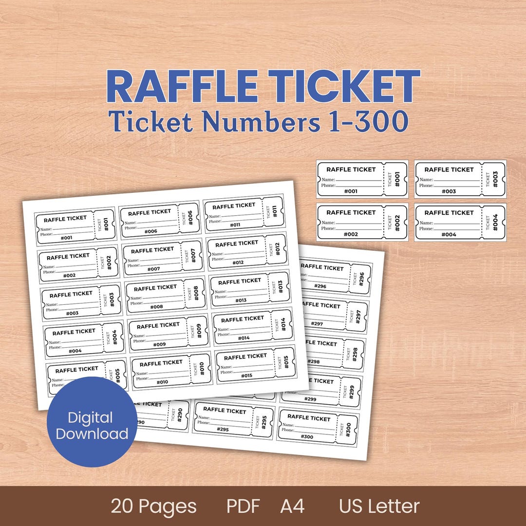 Raffle Ticket Numbers 1 to 300, Landscape Template Name Phone Entry ...