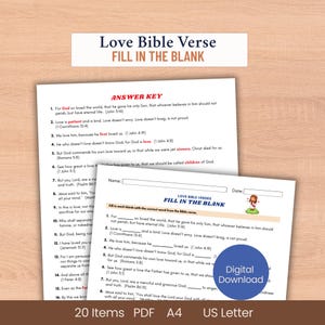 以下が含まれることがあります： 「Love Bible Verse Fill in the Blank」の印刷可能なワークシートと解答キー。空白を埋める聖書の詩、名前と日付のスペース、デジタルダウンロードボタンが特徴です。