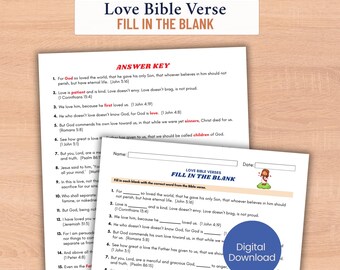 Versículo bíblico de amor para el Día de San Valentín / 20 Completar espacio en blanco Escritura Sábado Escuela dominical PDF imprimible Hoja de trabajo cristiana Actividad Adultos Adolescentes