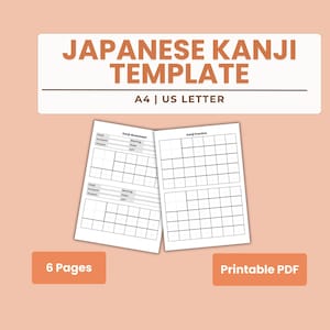 May include: Printable Japanese Kanji worksheet template with 6 pages. The template includes sections for Kanji word shape, meaning, strokes, and practice.