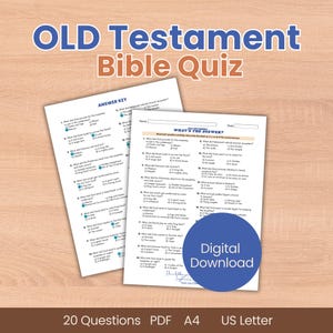 May include: Two white sheets of paper with text, labeled "Old Testament Bible Quiz" and "Answer Key". The quiz includes questions about the Old Testament. A blue circle with the words "Digital Download" is in the lower right corner.