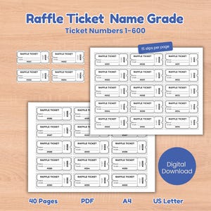 Può includere: Un download digitale di biglietti per lotteria con campi per nome e classe, numerati da 1 a 600. Il set include 40 pagine in formato PDF, disponibili in A4 e US Letter, con 15 biglietti per pagina con testo nero su sfondo bianco.