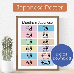 Plakat z miesiącami roku w języku japońskim Wystrój domu i szkoły JLPT N5 dla początkujących Do druku Język edukacyjny PDF JPG 300 dpi Pastelowe pobieranie cyfrowe