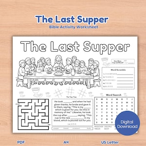 May include: Black and white Bible activity worksheet titled "The Last Supper." The image features a depiction of the Last Supper, along with word puzzles, a maze, and fill-in-the-blank activities. Includes "Digital Download" text.