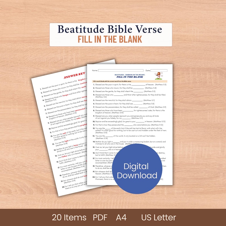 Beatitude Sermon on the Mount Bible Verse Fill in Blank Scripture ...