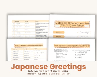 Puede incluir: Una hoja de trabajo para aprender saludos japoneses, con una tabla de saludos comunes, sus grafías romanizadas y sus traducciones al inglés. La hoja de trabajo también incluye una actividad de emparejamiento y un cuestionario.