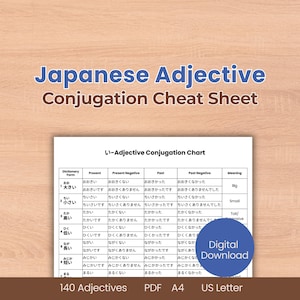 May include: A white chart titled "Japanese Adjective Conjugation Cheat Sheet" with conjugation tables. The chart includes columns for dictionary form, present, present negative, past, past negative, and meaning. A blue circle with "Digital Download" text is on the right.