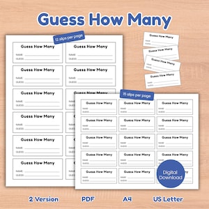 Op de afbeelding: Witte, bedrukbare spelvellen met de tekst "Guess How Many". De vellen zijn beschikbaar in PDF-formaat en A4-formaat, met opties voor 12 of 15 stroken per pagina. Een digitale download is beschikbaar.