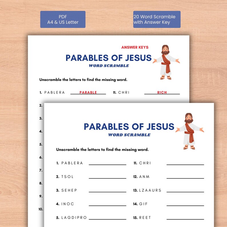 Scrambled Scriptures Parables of Jesus Word Scramble, Christian Bible Game Fill in Blank ...