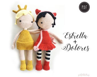 Amigurumi Pattern • Doll sisters Dolores & Estrella, Crochet cute devil angel halloweengift christmasgift for kids angeldoll devildoll Pdf
