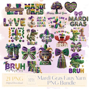 May include: A selection of Mardi Gras-themed PNG images. The images feature text, a fleur-de-lis, a lion with a mask, a crocodile with sunglasses, and other festive elements in purple, green, and gold.