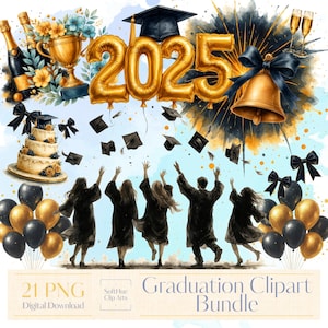 Graduierung Clipart Bundle | 21 PNG Aquarell Abschlusskappe, Kleid, Diplom, Ballons, Kuchen, Bär | Digitaler Download, Kommerzielle Nutzung