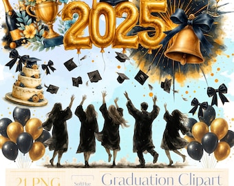 Graduation Clipart Bundle | 21 PNG Watercolor Graduation Cap, Gown, Diploma, Balloons, Cake, Bear | Digital Download, Commercial Use
