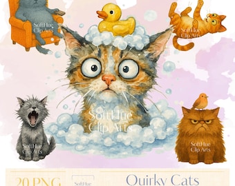 Quirky Cats Clipart-samling – 20 roliga akvarellkatt-PNG:er, nyckfull husdjurskonst, söta kattillustrationer, digital nedladdning, kommersiellt bruk