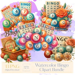 Aquarel bingo clipartbundel | Bingokaarten en ballen, png PNGEgg | Sublimatieontwerp | Retro game-avondkunst | Transparante achtergrond