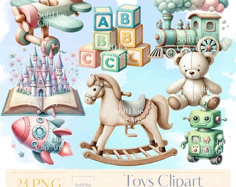 Toys Clipart Collection, 24 PNG Whimsical Watercolor Kids Playroom Art, Vintage Baby Shower Clipart, Cute Nursery Wall Art,Scrapbook Planner