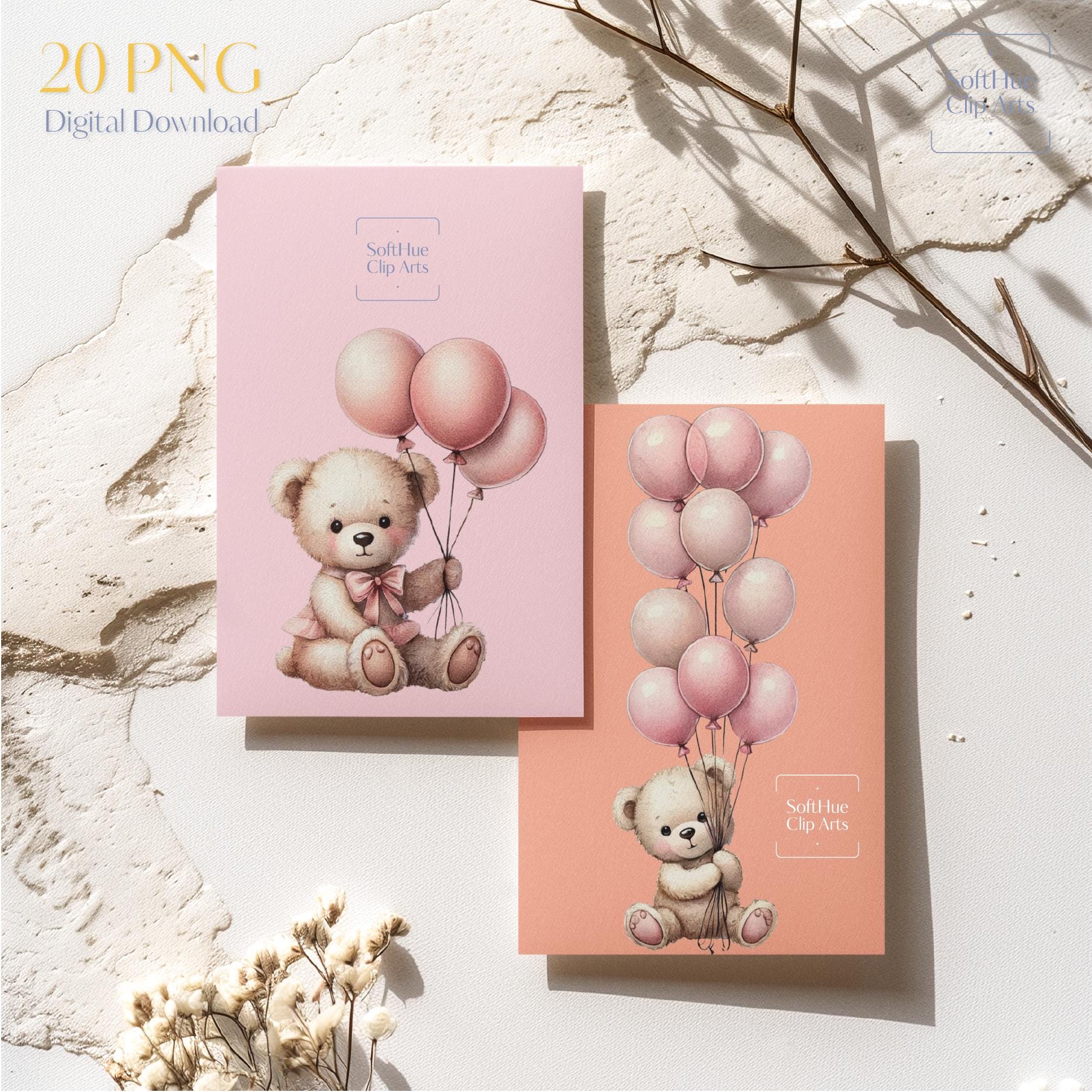 Pink Teddy Bear Clipart With Balloons | Watercolor Baby Girl PNG Bundle ...