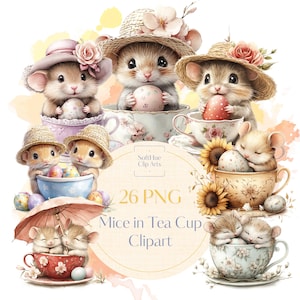 Pacchetto di clipart di topi nella tazza da tè, 26 illustrazioni di topi carini in PNG, grafica di animali ad acquerello per fai da te e sublimazione, topi pasquali png