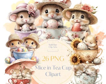 Mice in Tea Cup Clipart Bundle, 26 PNG Cute Mouse Illustrations, Watercolor Animal Graphics for DIY & Sublimation, Easter Mice pngs