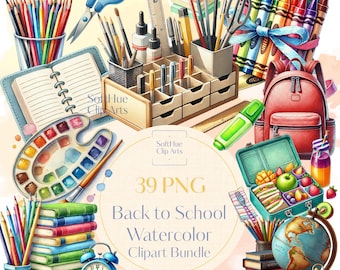 Zurück zu Schule Aquarell Clipart Bundle | Schulbedarf PNG | Niedliches Briefpapier | Rucksack, Bücher, Bleistift Clipart | 39 PNG-Dateien