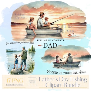 Lot de cliparts de pêche pour la fête des pères | Papa et enfants aquarelle PNG | Sublimation de pêche en lac | Art mignon père fille fils | 17 fichiers PNG