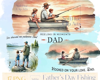 Father’s Day Fishing Clipart Bundle | Dad and Kids Watercolor PNG | Lake Fishing Sublimation | Cute Father Daughter Son Art | 17 PNG Files