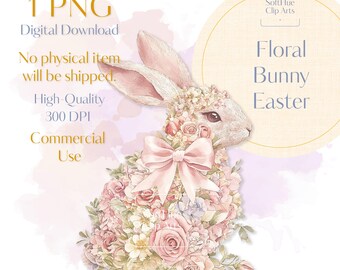 Floral Bunny Easter PNG, Coquette Bow Bunny Clipart, Watercolor Spring Rabbit PNG, Vintage Easter Digital Download, Girly Bunny Sublimation