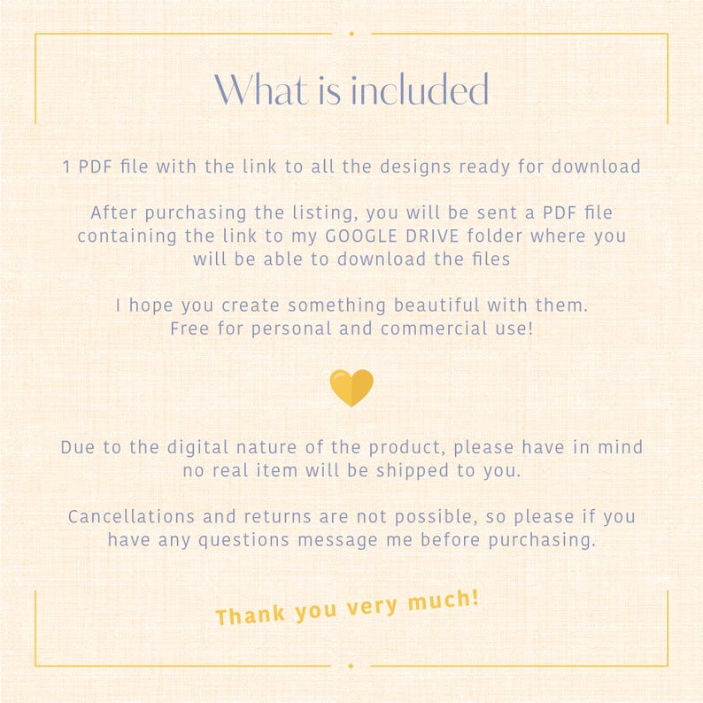 May include: Cream-colored digital download information sheet with text in a soft purple font. The text includes "What is included", details about a PDF file, and a thank you message. A small gold heart graphic is also present.