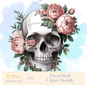 Floral Skull Clipart Bundle 17 PNG, Aquarell Schädel Designs mit Blumen & Motten, Schädel Png Designs, Blumen Clipart, transparenter Hintergrund