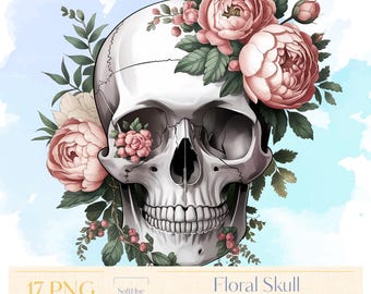 Floral Skull Clipart Bundle 17 PNG, Watercolor Skull Designs with Flowers & Moths, Skull png designs, Floral clipart, Transparent background