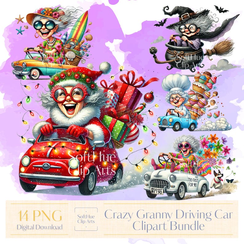 Crazy Granny Driving Car Clipart Bundle, Funny Grandma PNG, Sassy Old ...
