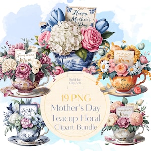 Muttertag Teetasse Floral Clipart Bundle, Vintage Teetasse Blume PNG Set, glücklicher Muttertag Clip Art für Karten & Sublimation