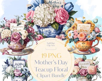 Paquete de imágenes prediseñadas florales de taza de té para el Día de la Madre, conjunto PNG de flores de taza de té vintage, imágenes prediseñadas del Día de la Madre para tarjetas y sublimación