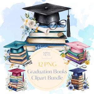 Afstudeerboeken clipartbundel - aquarel petje en kwastje PNG, Class of 2024 2025 Clip Art, stapel boeken met bloemen, 12 png-bestanden