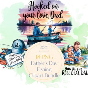 Bundle de cliparts pêche fête des pères, papa et enfant aquarelle PNG, thème pêche sublimation graphiques, 18 fichiers PNG