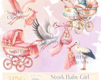 Stork Baby Girl Clipart Bundle | Pink Baby Shower Clip Art | Twin Baby Girl Stork PNG | Vintage Pram Clipart | Nursery Decor PNG | 5 Files