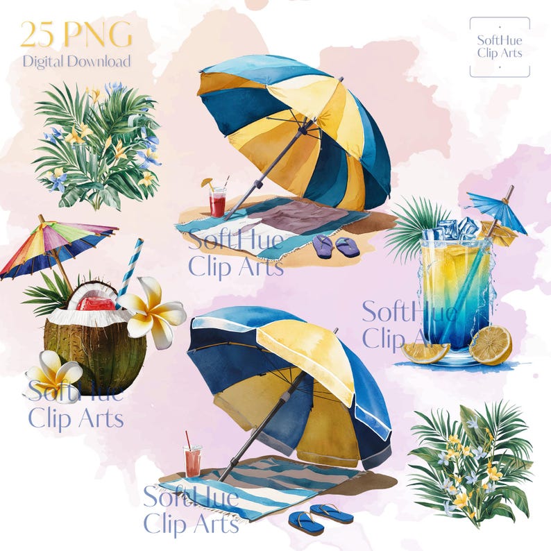 Watercolor Beach Clipart Bundle, Summer Coastal Clip Art PNG, Beach ...