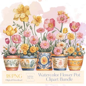 Paquete de imágenes prediseñadas de macetas de acuarela, 18 arreglos florales PNG, gráficos de jardín de primavera, descarga digital para sublimación y manualidades