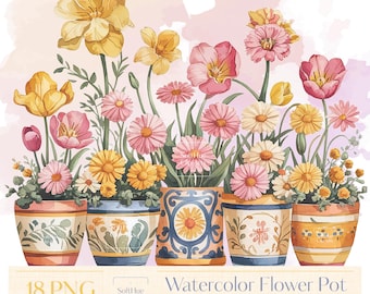 Watercolor Flower Pot Clipart Bundle, 18 PNG Floral Arrangements, Spring Garden Graphics, Digital Download for Sublimation & Crafts