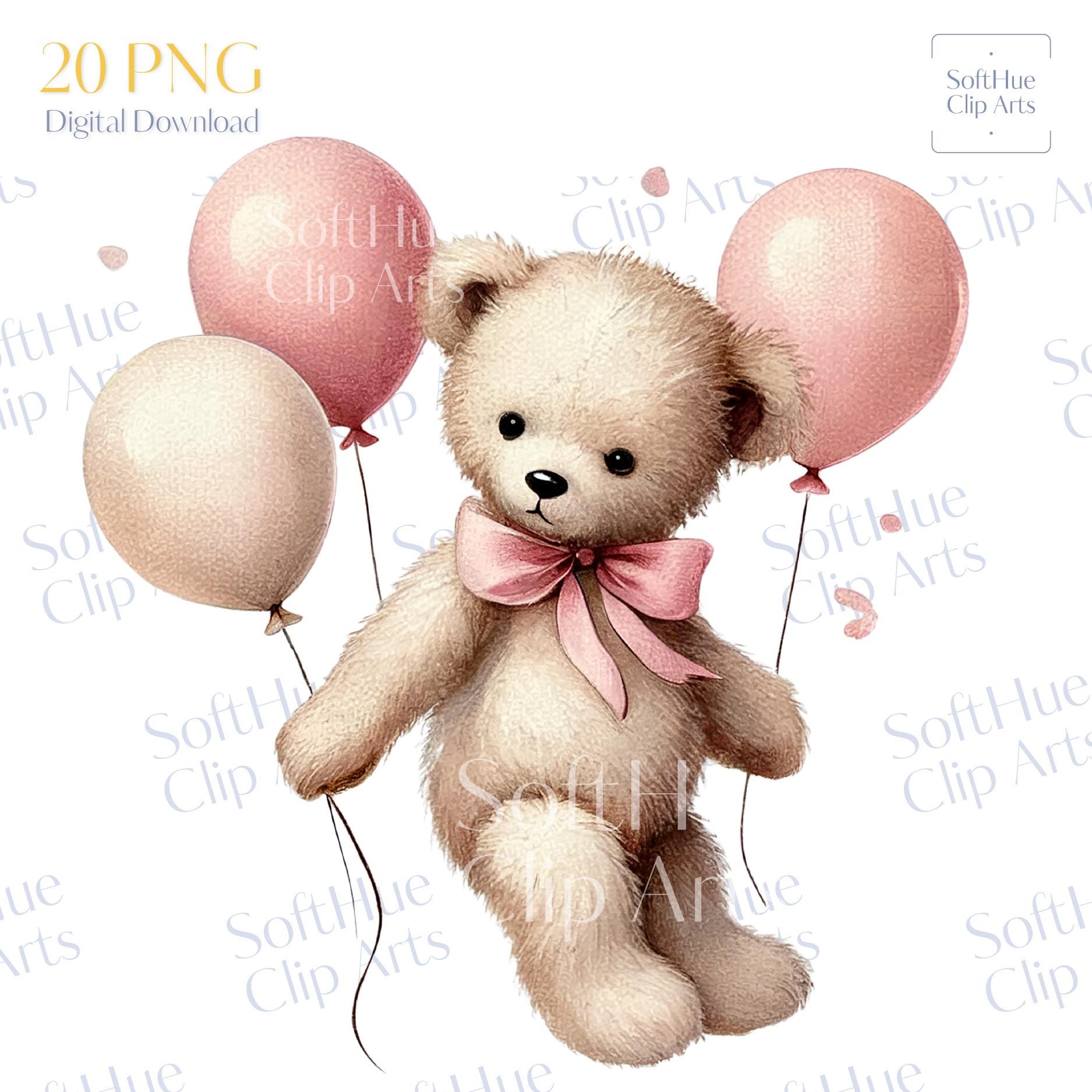 Pink Teddy Bear Clipart With Balloons | Watercolor Baby Girl PNG Bundle ...
