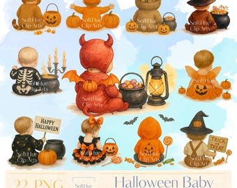 Halloween Baby Clipart Bundle, Cute Halloween PNG Illustrations, Spooky Kids Costume Sublimation, Watercolor Halloween Digital Download
