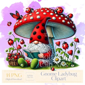 Clipart di gnomi coccinella, pacchetto di 14 PNG, disegni a sublimazione primaverili ed estivi, simpatici gnomi rossi con funghi e fiori, download istantaneo