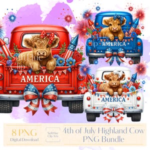 4 juillet vache Highland PNG Bundle, mignon vache patriotique Clipart, camion coquette avec feux d'artifice, fichiers de sublimation, 4 juillet PNG