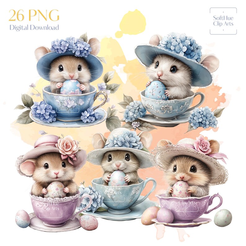 Mouse In Teacup Mice in Tea Cup Clipart Bundle, 26 PNG Cute Mouse Illustrations ...