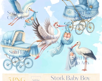 Stork Baby Boy Clipart Bundle | Blue Baby Shower Clip Art | Twin Babies Stork PNG | Vintage Pram Clipart, Newborn Nursery Decor, 5 PNG Files