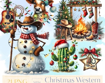 Kerst western clipartbundel, cowboy kerst png-set, landvakantie graphics, rustieke boerderij kerst png, santa cowboy clipart